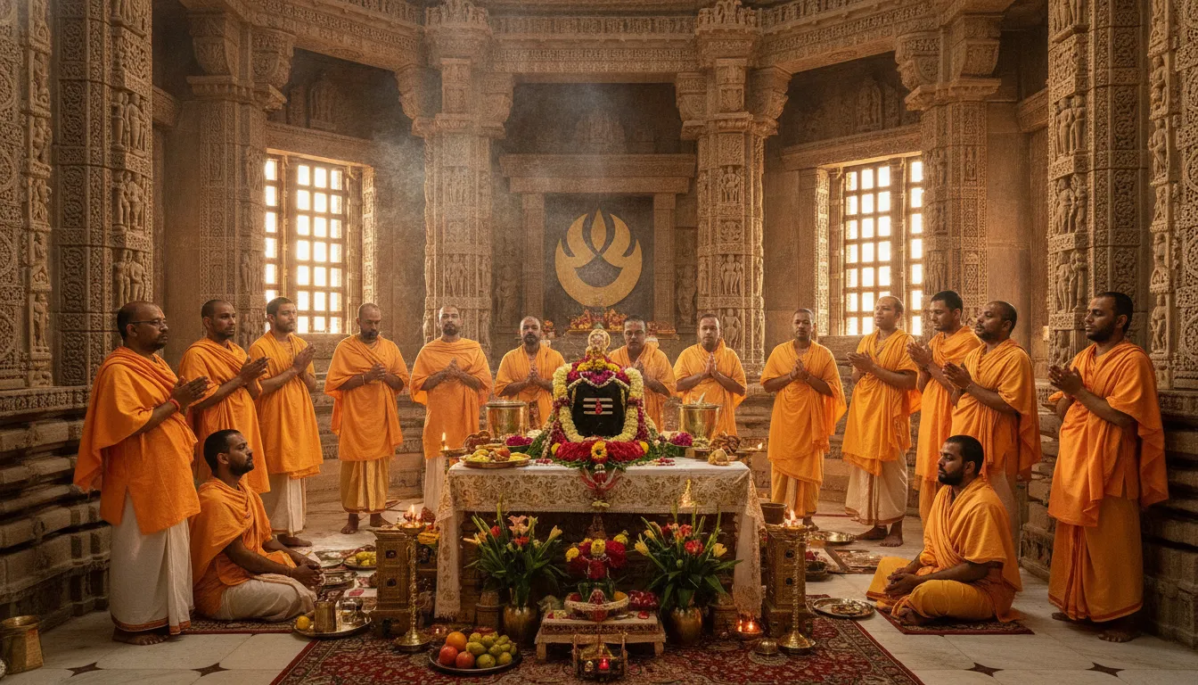 A glimpse into the sacred rituals and prayers conducted by priests at the venerable Somnath Shivling.