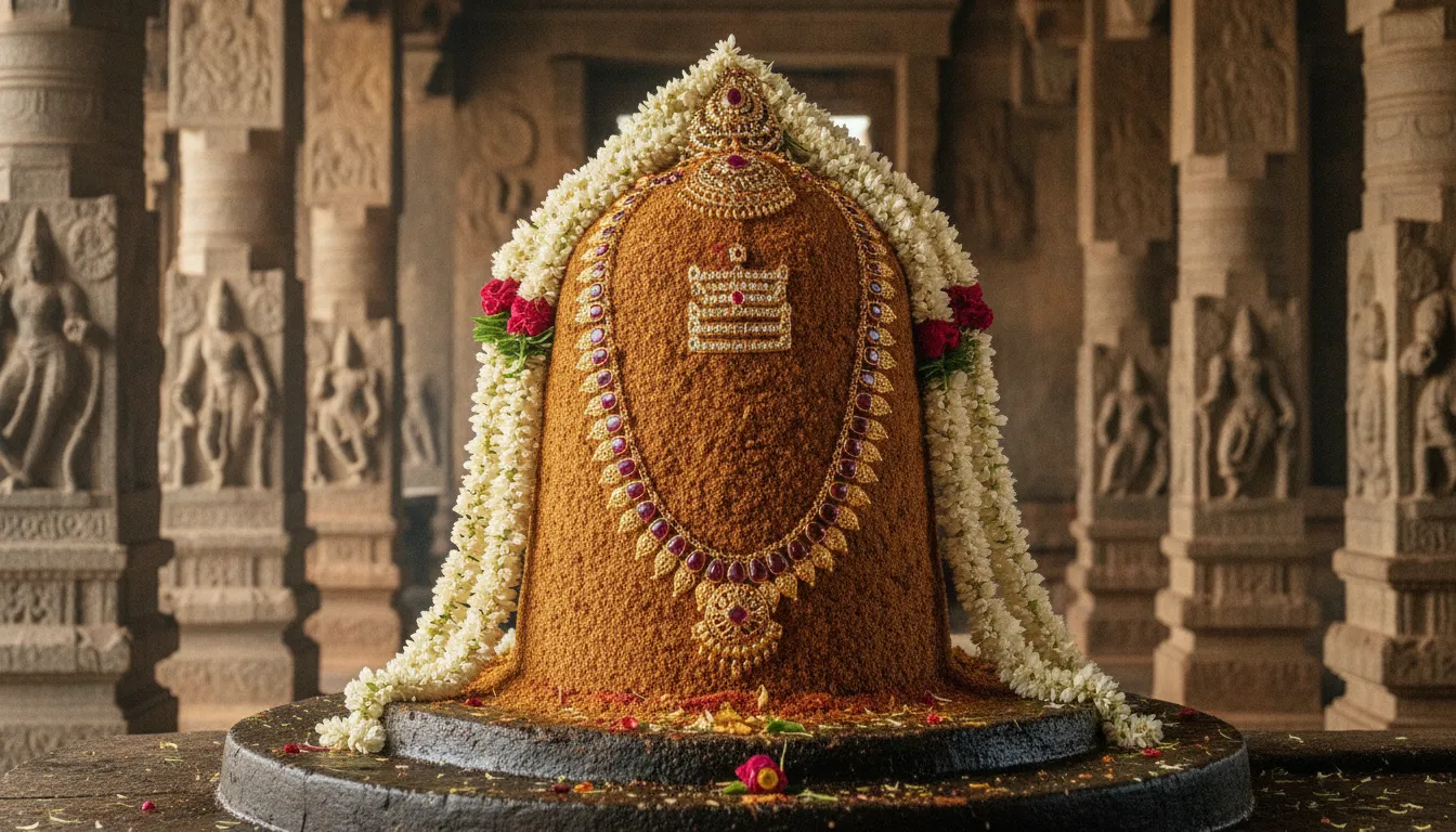 Prithvi Lingam earth shivling image made of natural sand and clay inside the historic Ekambareswarar Temple in Kanchipuram.