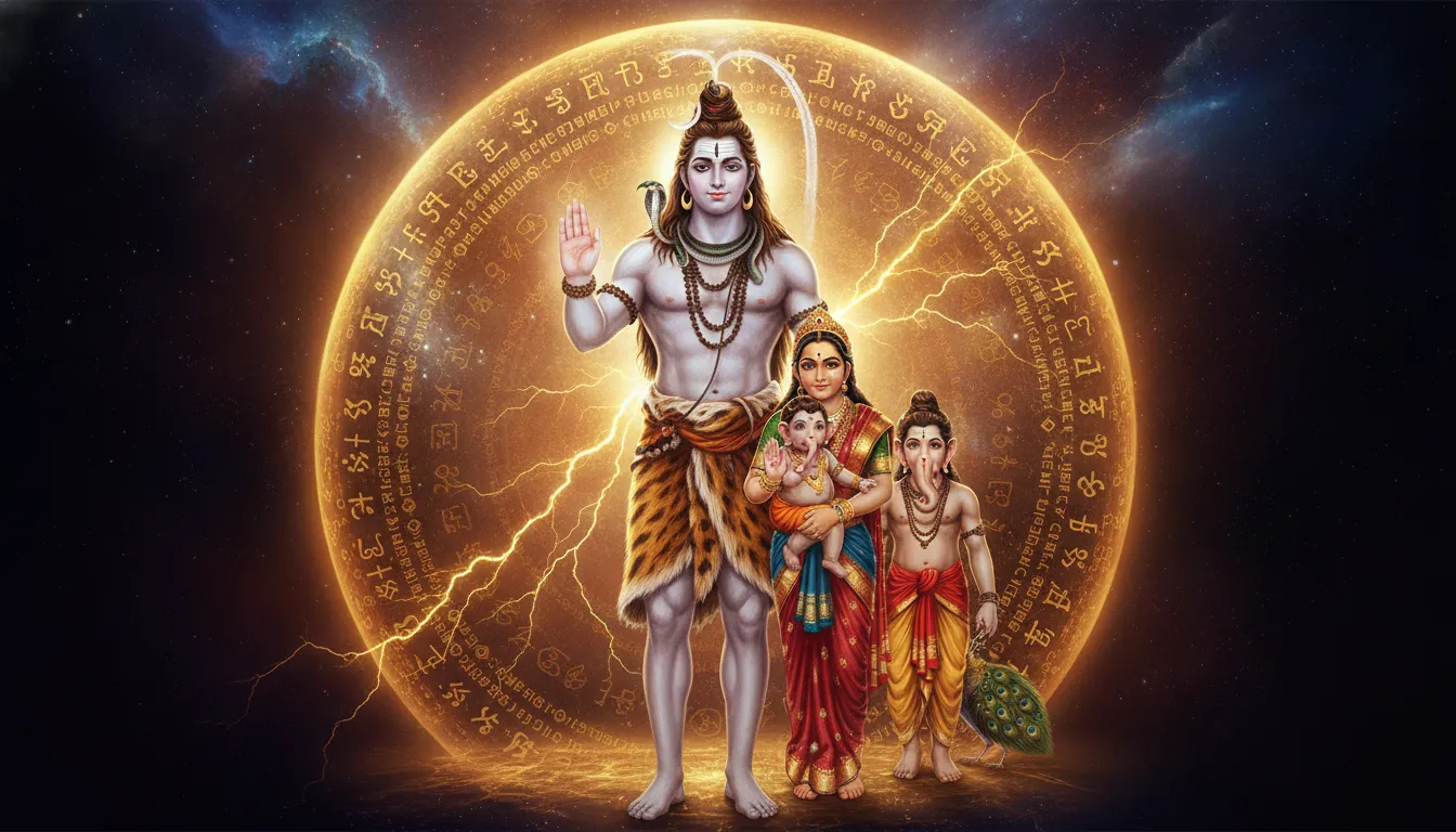 Lord Shiva spreading a protective shield over Goddess Parvati and their children