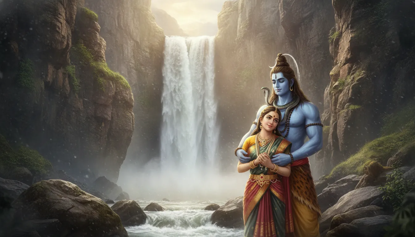 Lord Shiva wrapping his arms around Parvati near a mist-filled canyon waterfall.