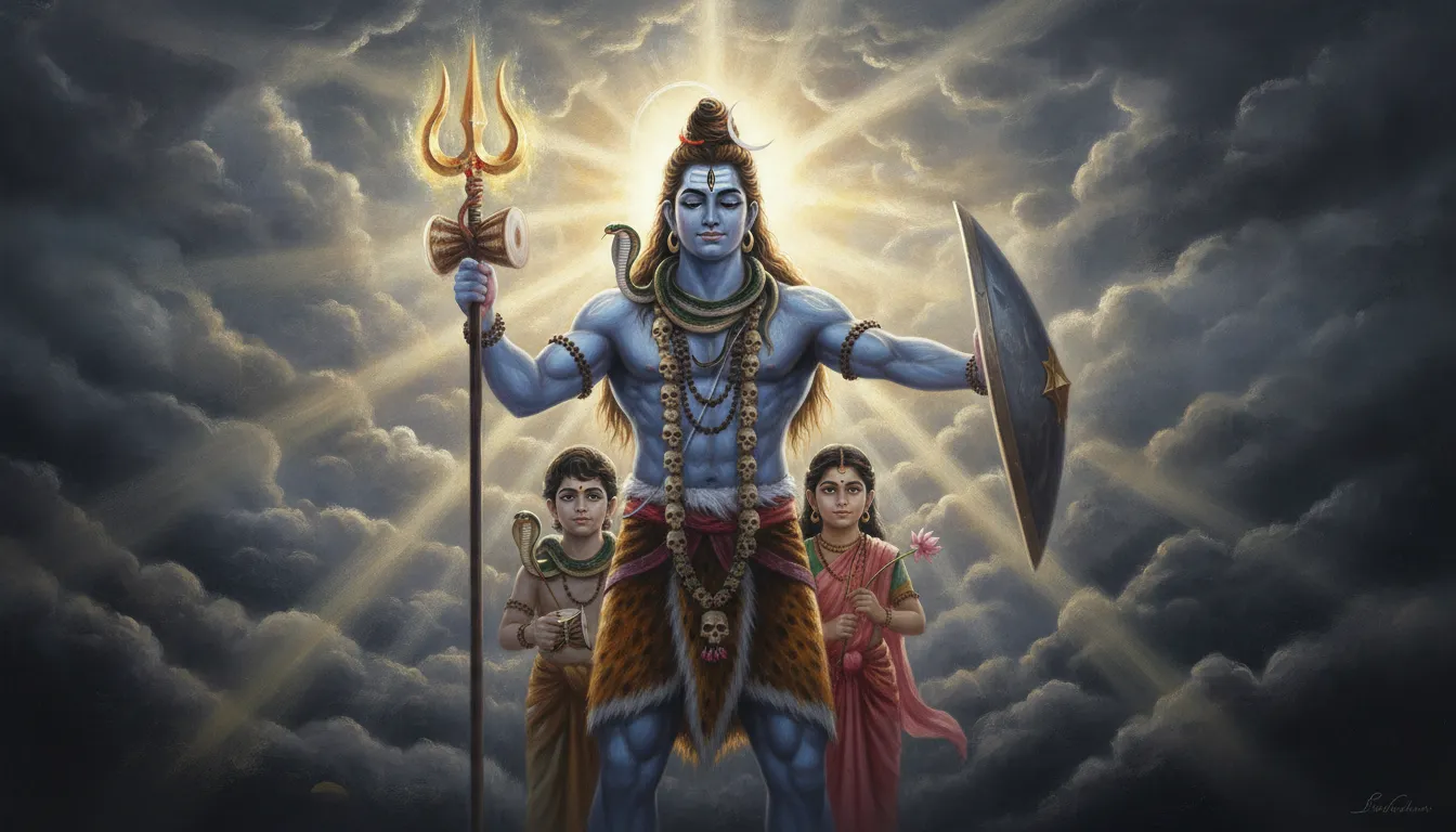 Majestic painting of Lord Shiva holding his weapons protectively with his children standing safely behind him.