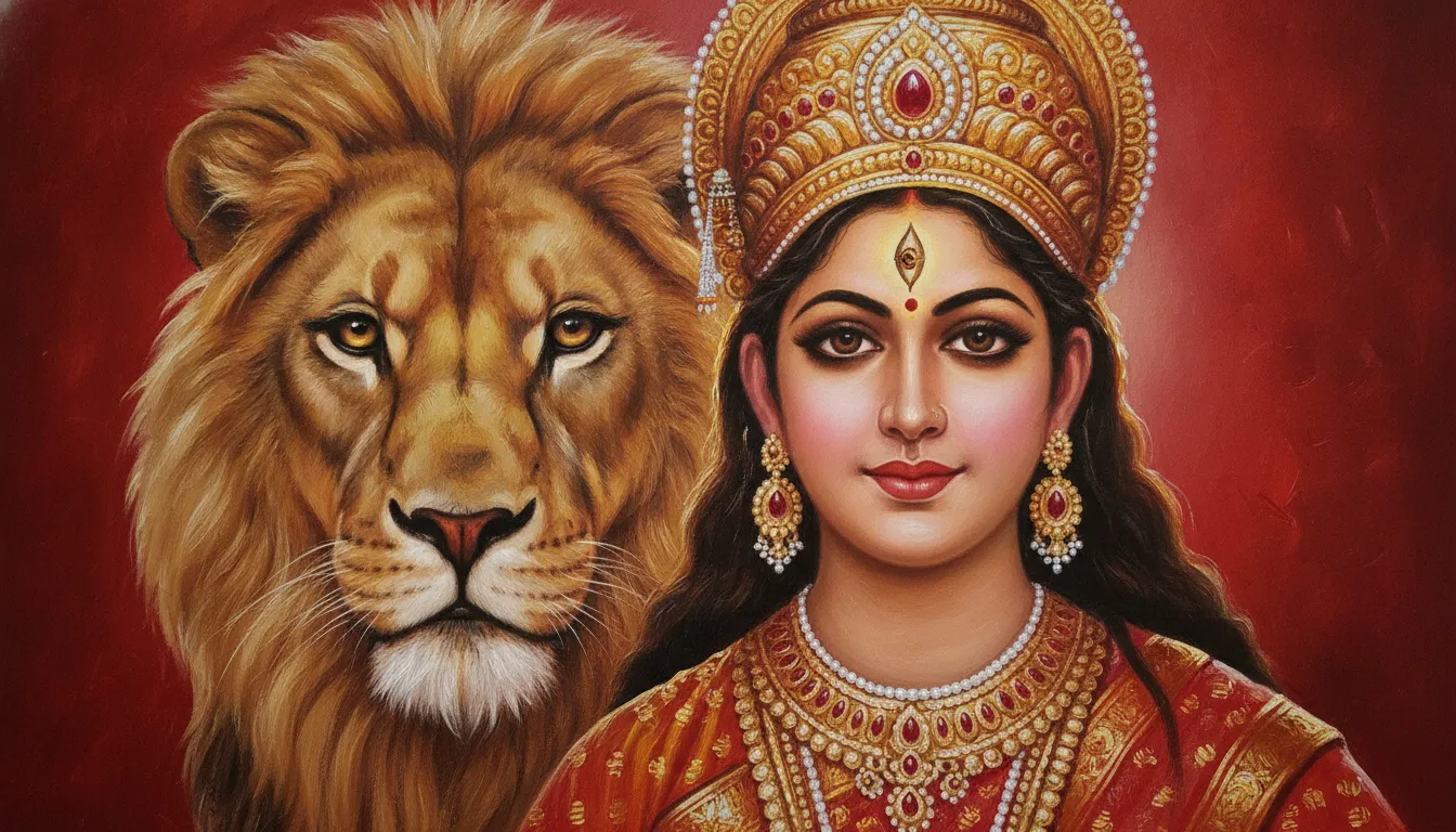 A close-up artistic portrait focusing on the faces of Goddess Durga and her protective lion.