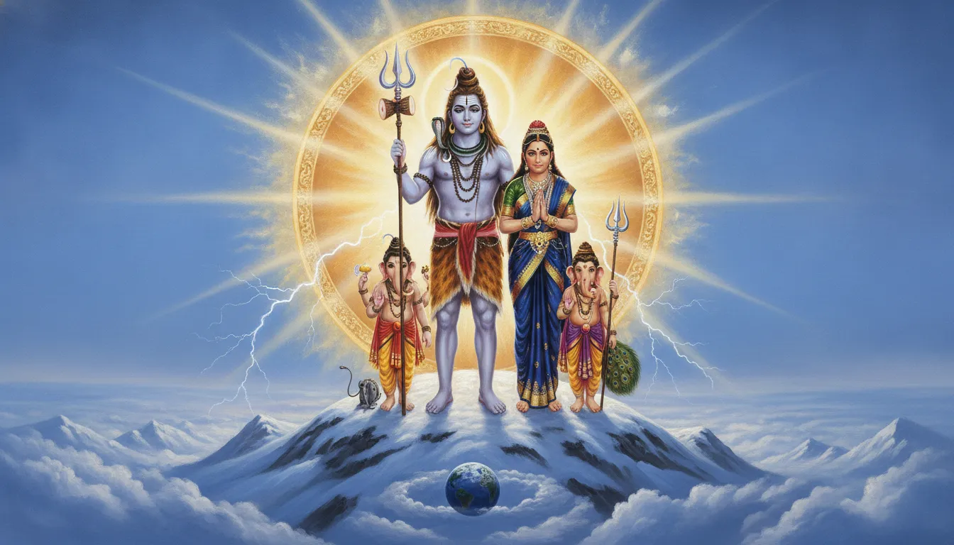 A powerful artwork showing the Shiva family surrounded by a glowing cosmic aura protecting the earth.