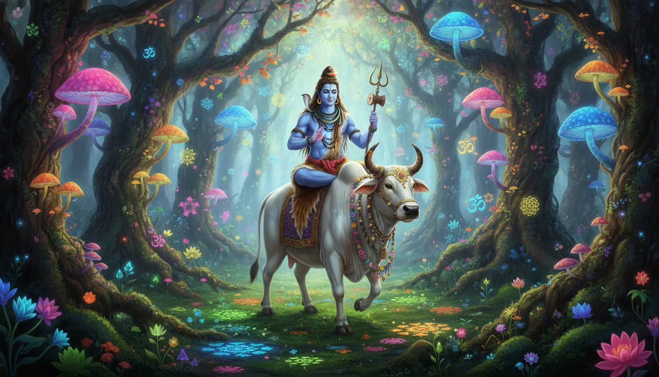 A psychedelic art style illustration of Lord Shiva riding Nandi through an enchanted glowing forest.