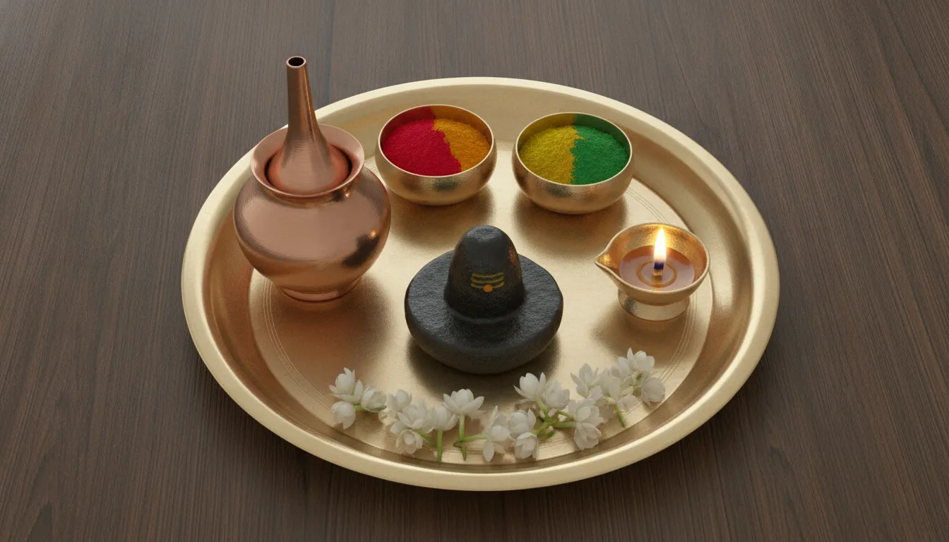 Sacred brass thali setup with a small Shivling, diya, and bowls of colorful gulaal.