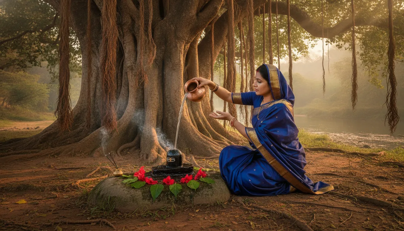 A devotee gently pouring water from a small copper pot (kalash) onto a Shivling located at the base of a large tree.