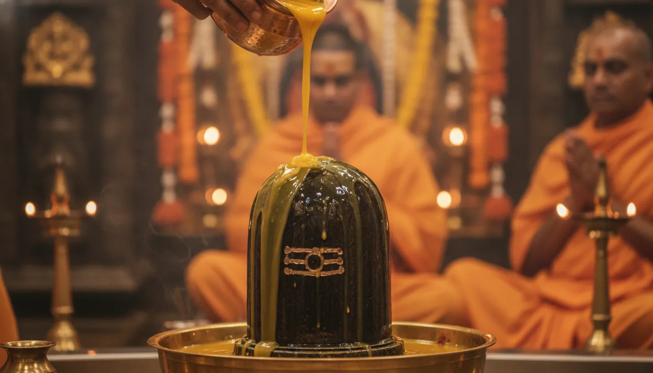 Golden melted clarified butter or cow ghee glistening on a black Shiva Lingam.