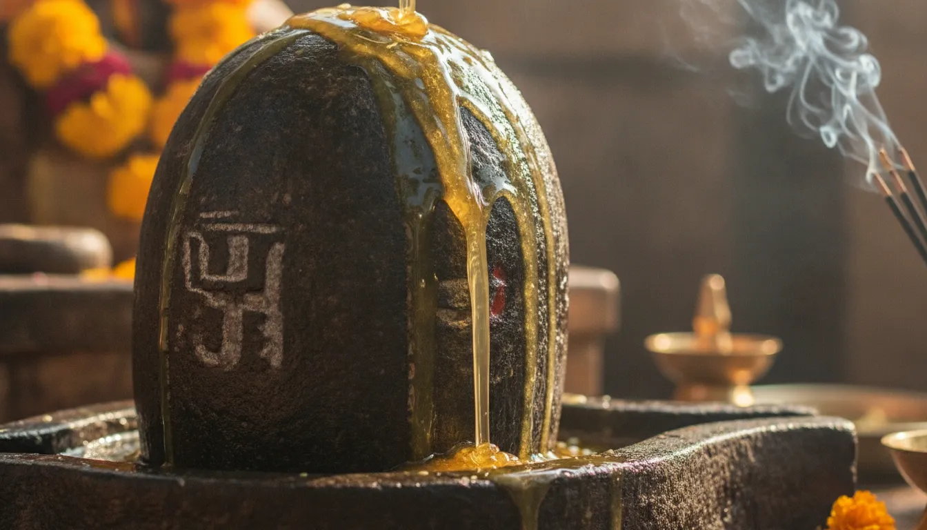 High-resolution HD shivling images original with abishakam using pure melted ghee during Vedic prayers.