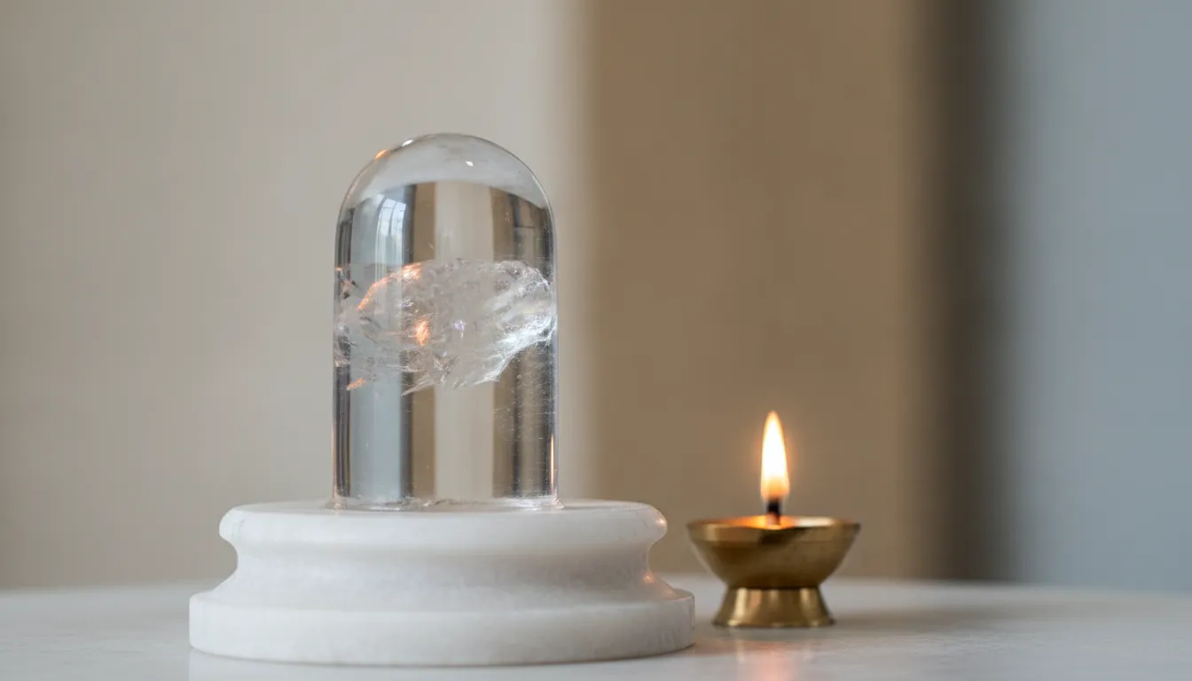 Translucent pure Sphatik crystal Shivling glowing under soft warm lighting with a single oil lamp.