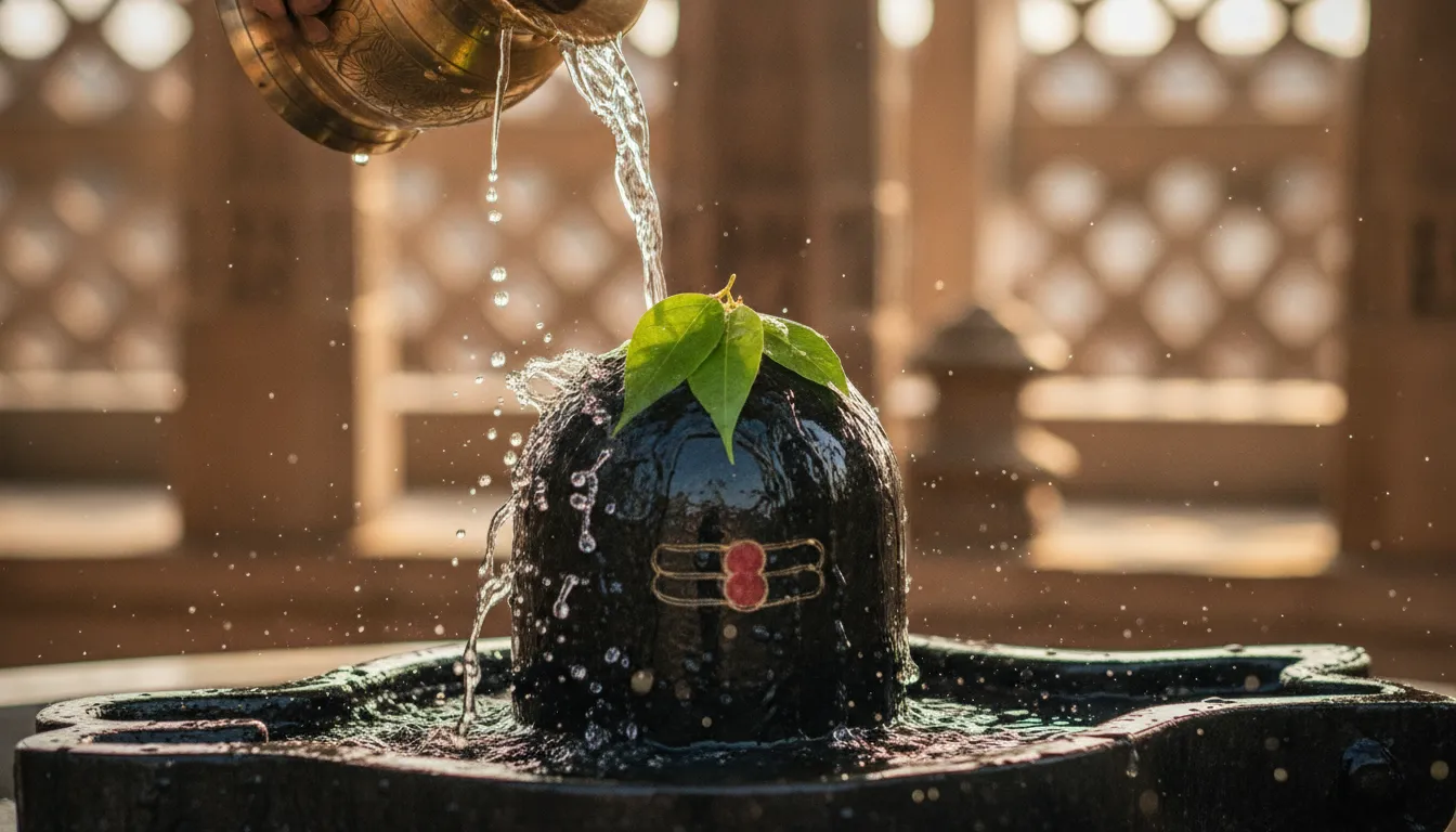 Original HD shivling images with abishakam ritual using holy water and traditional brass kalash.