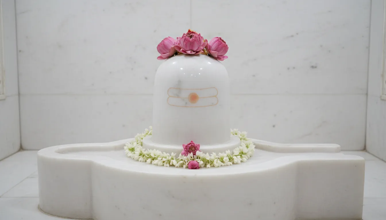 Pristine white marble temple shivling image hd wallpaper 1080p free download with fresh flowers.