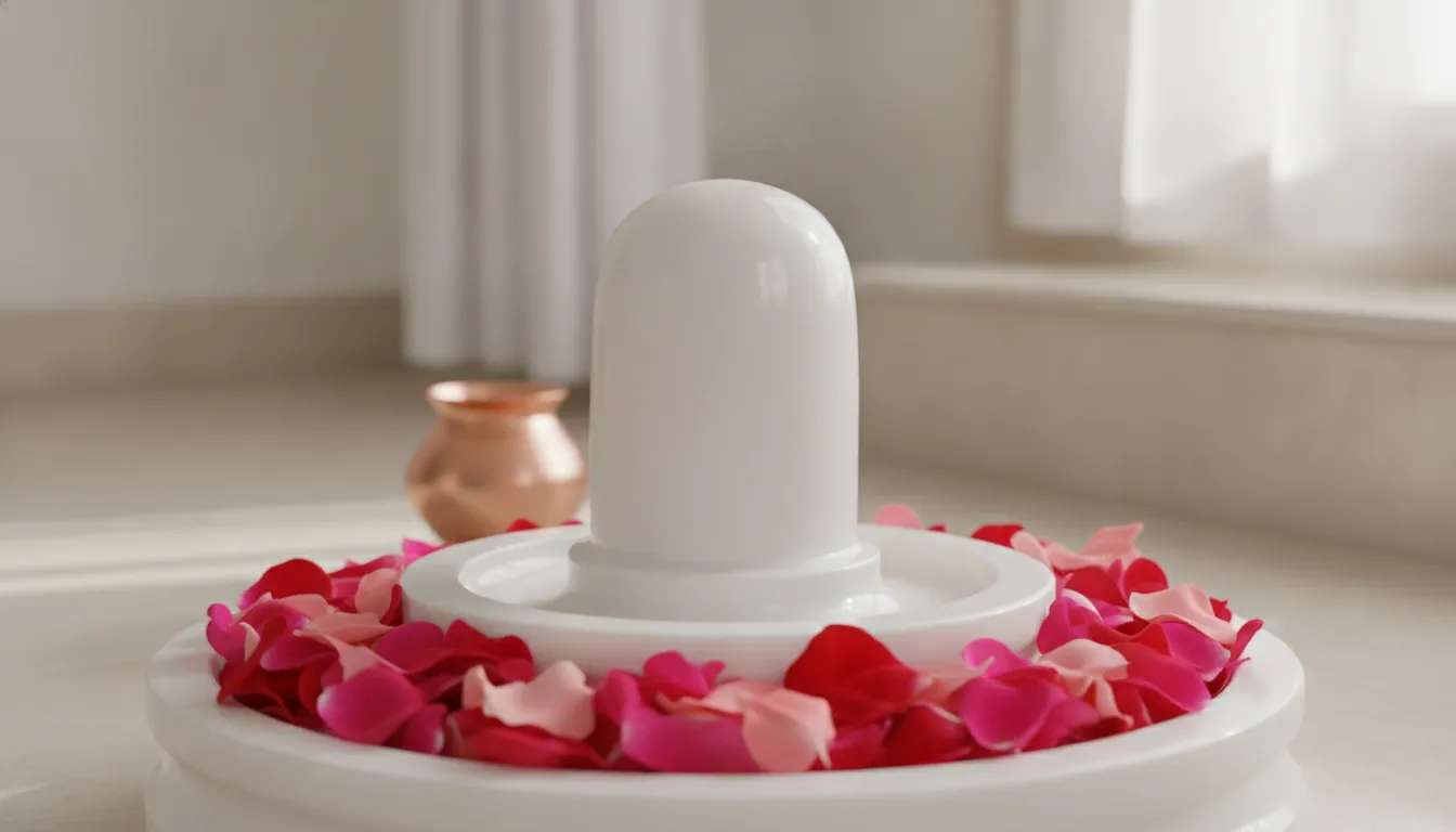 Serene white marble Shivling decorated with fresh rose petals