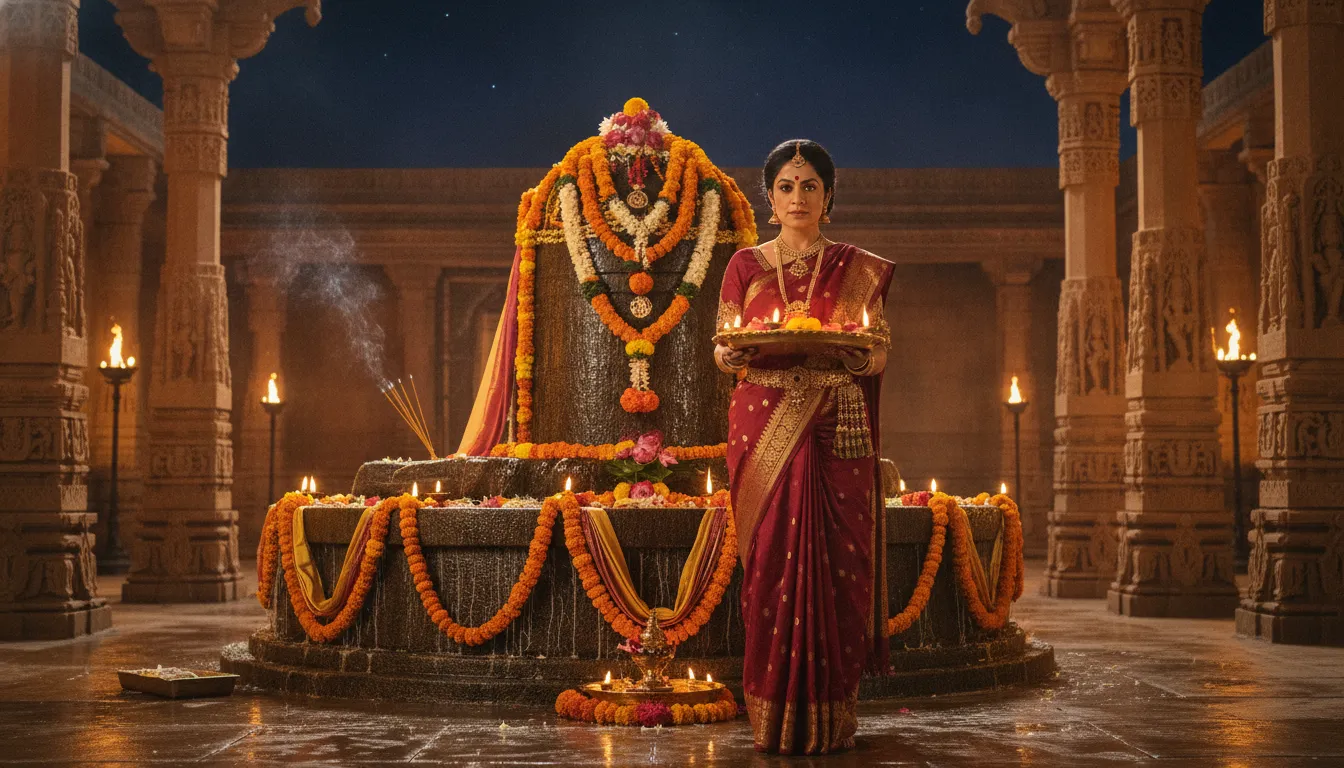 Queen Mother Sivagami offering prayers to the massive stone Shivling in Mahishmati