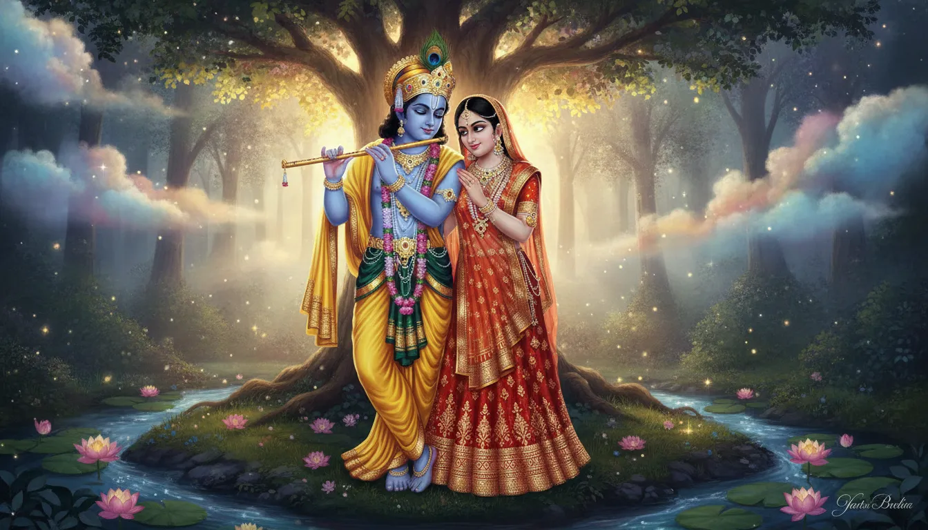 Radha and Lord Krishna playing a golden flute together in a mystical glowing forest.