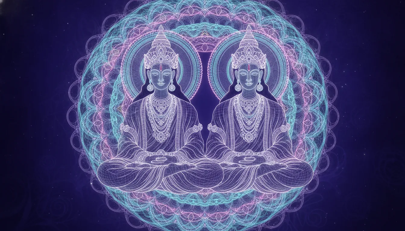 Detailed digital art of a divine couple with a complex radiating neon aura in pastel pink and turquoise.