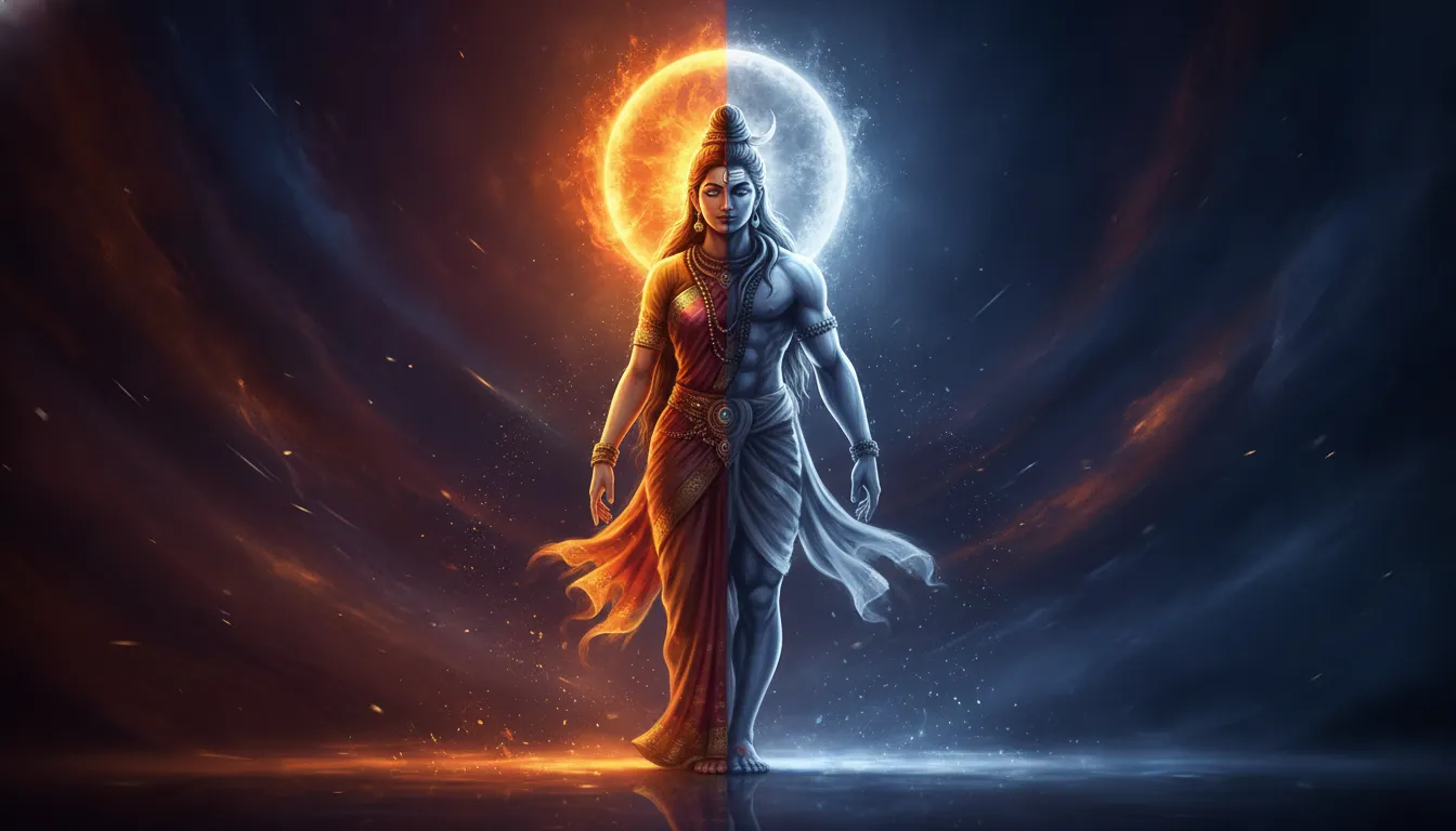 Ardhanarishvara standing form enveloped in a magnificent glowing sun and moon aura.