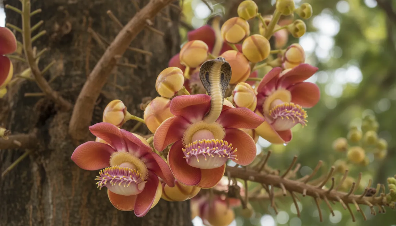 A close-up shot of the unique red and yellow flowers of the Shivling tree (Cannonball tree) in full bloom.