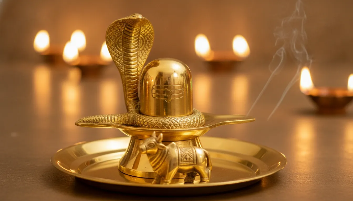 Full HD macro photo of a shiny brass Shivling with a detailed snake and a matching brass Nandi idol.