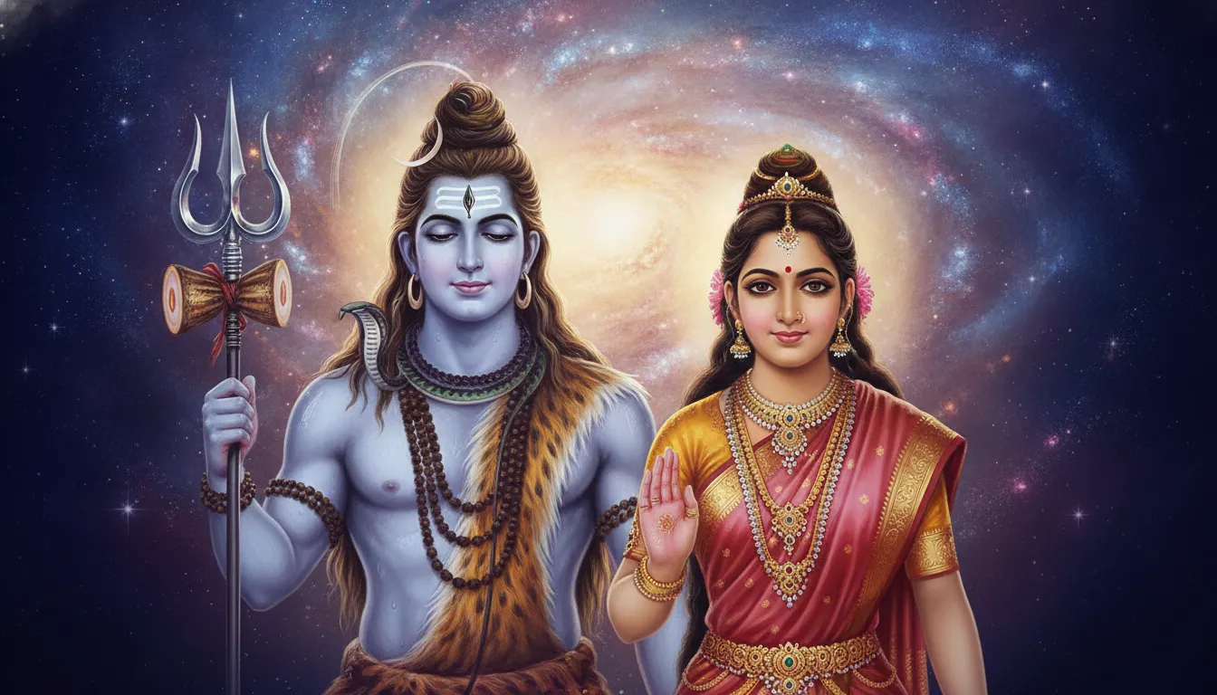 Glowing digital painting of Shiva and Parvati surrounded by spiritual light, featuring a detailed silver trident.