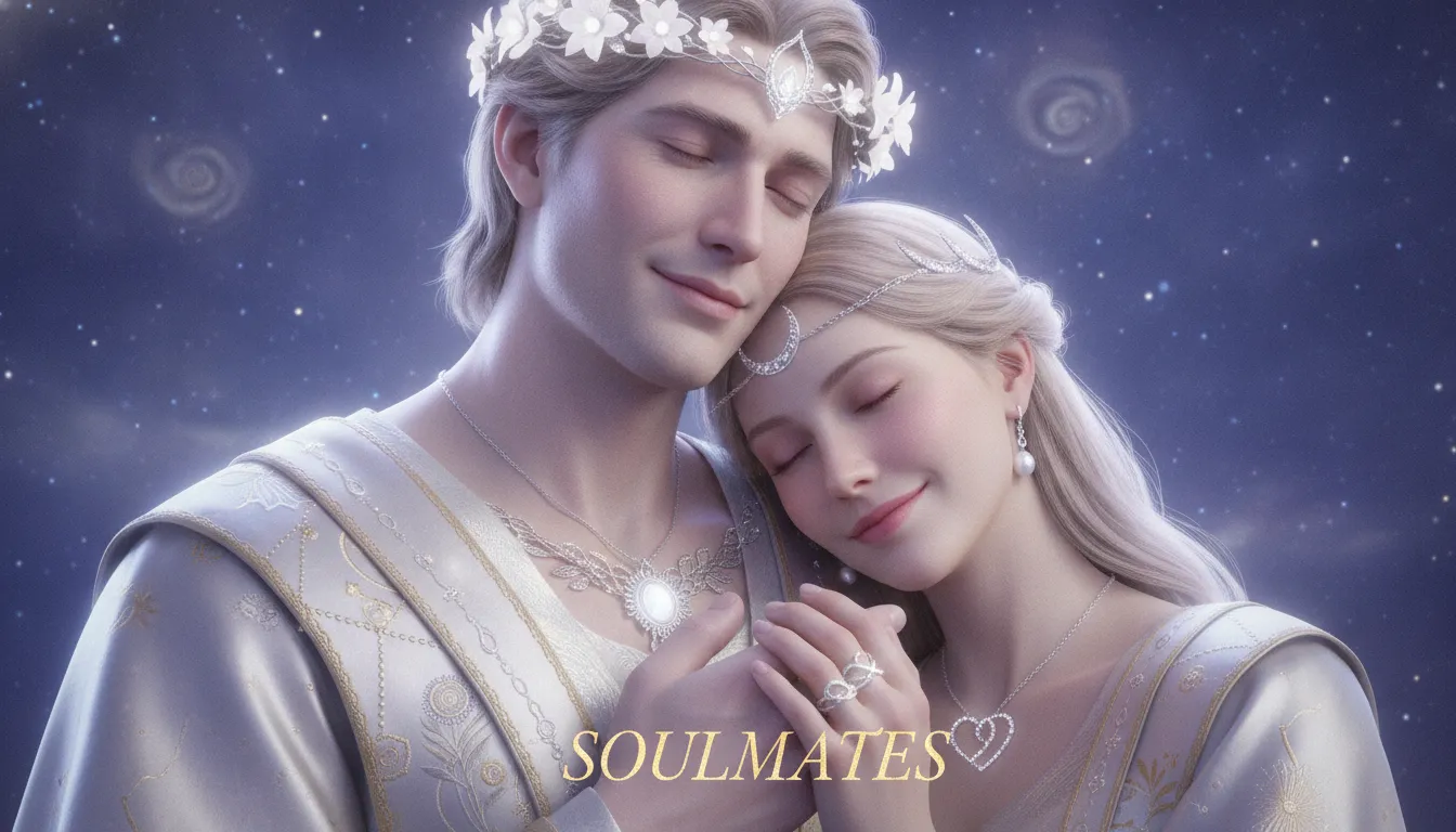 Close-up of a divine couple in a gentle embrace with moonlight on their faces.