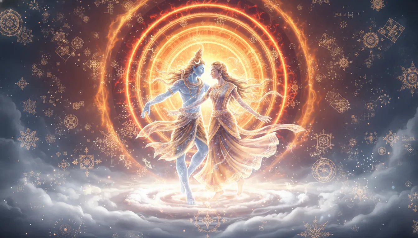 Serene artwork of Shiva and Parvati dancing on the calm waters of Lake Mansarovar under a full moon.