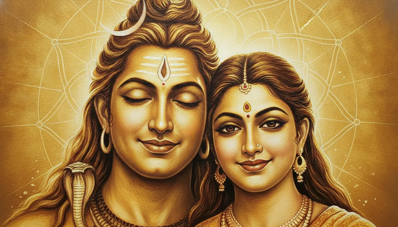 Close up spiritual portrait of Shiva and Parvati drenched in a radiant golden light