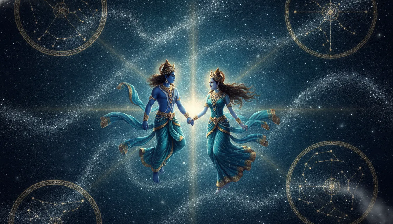 Divine couple floating gracefully together in a deep blue cosmic ocean filled with stardust and glowing constellations
