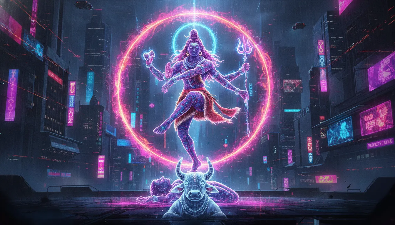 A futuristic neon art illustration of Lord Shiva as Nataraja dancing with Nandi watching in reverence.