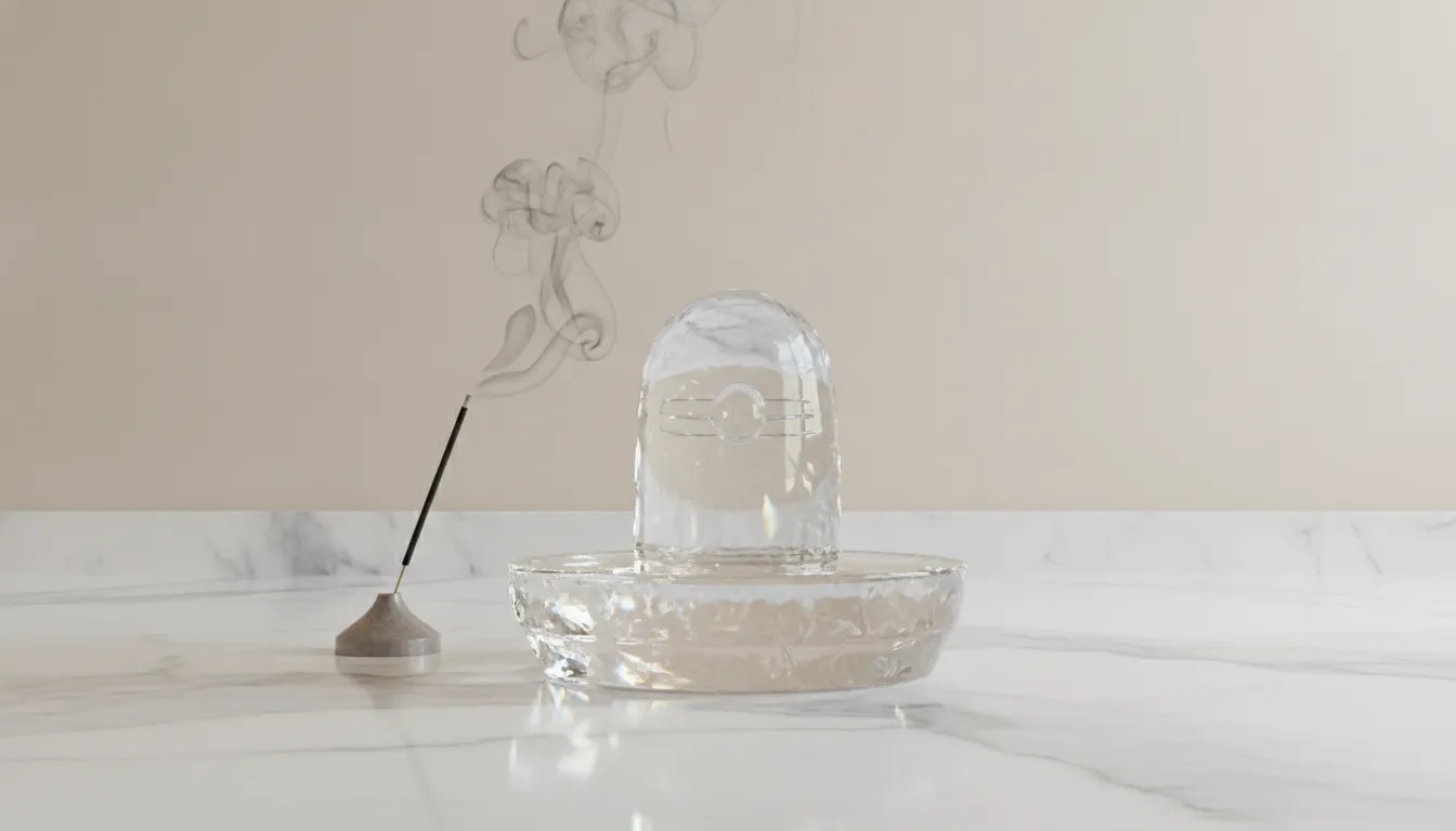 A translucent clear quartz crystal Shivling glowing with soft white light on a marble altar.