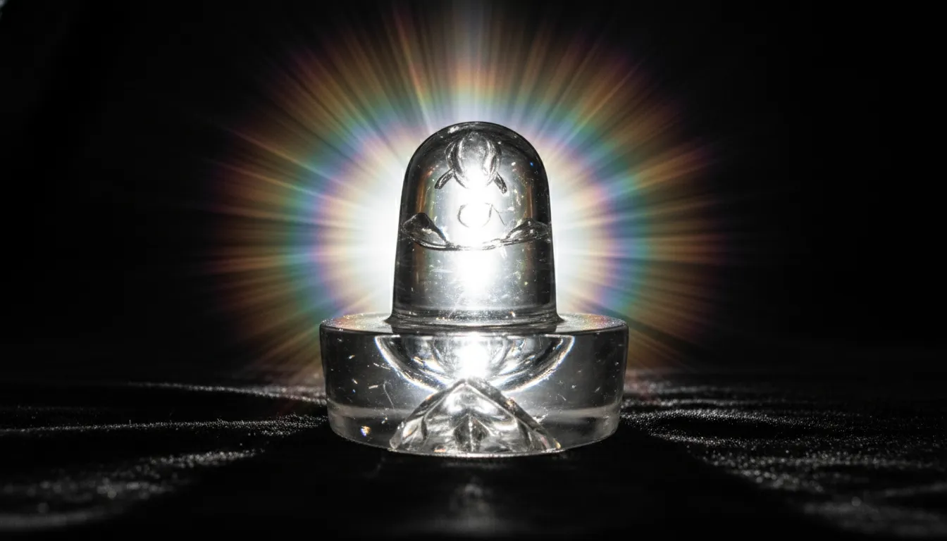 A clear Sphatik or crystal Shivling radiating a rainbow of light refractions.