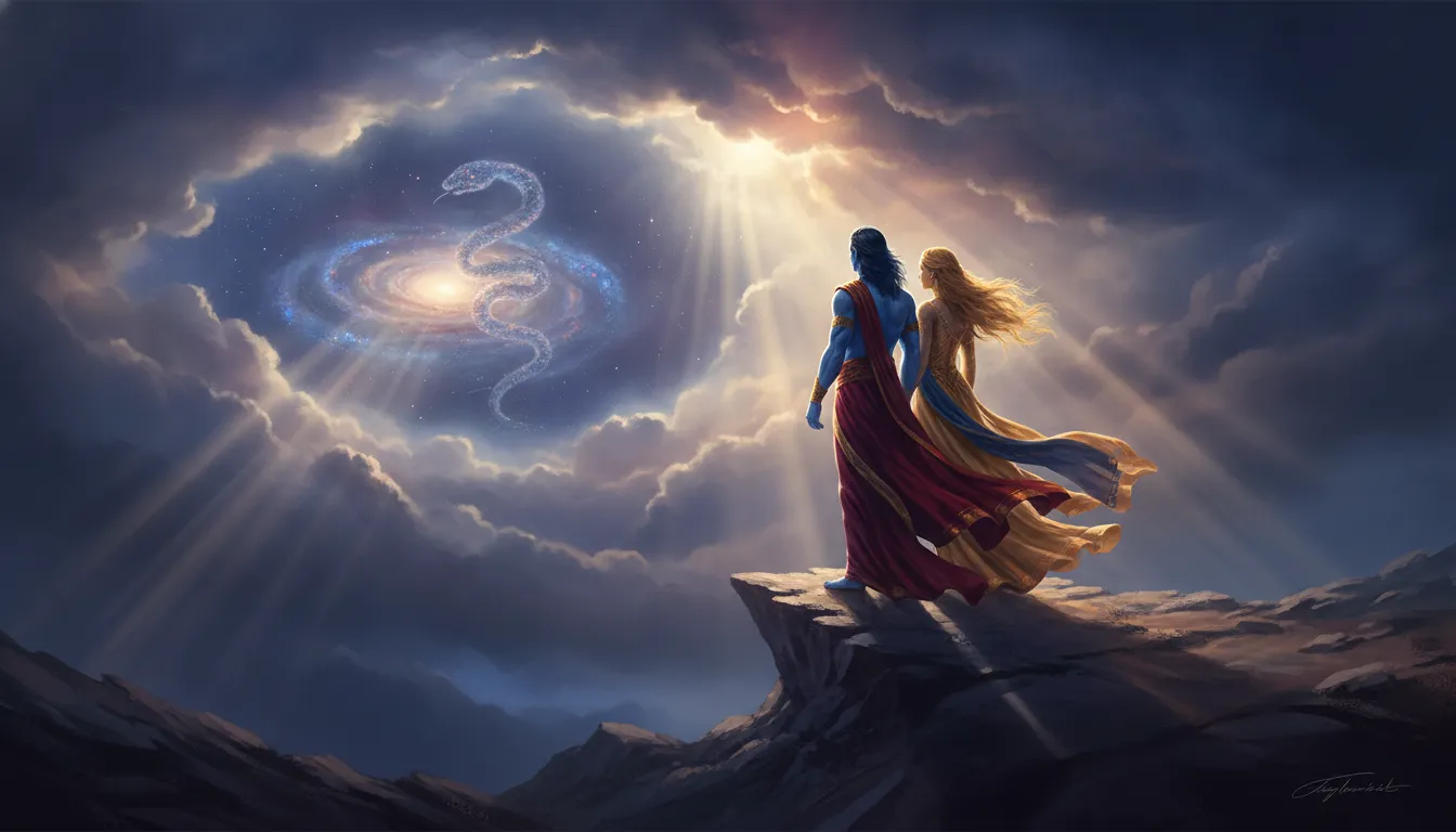 Divine couple looking toward a large cosmic snake symbol shining under strong sunset rays