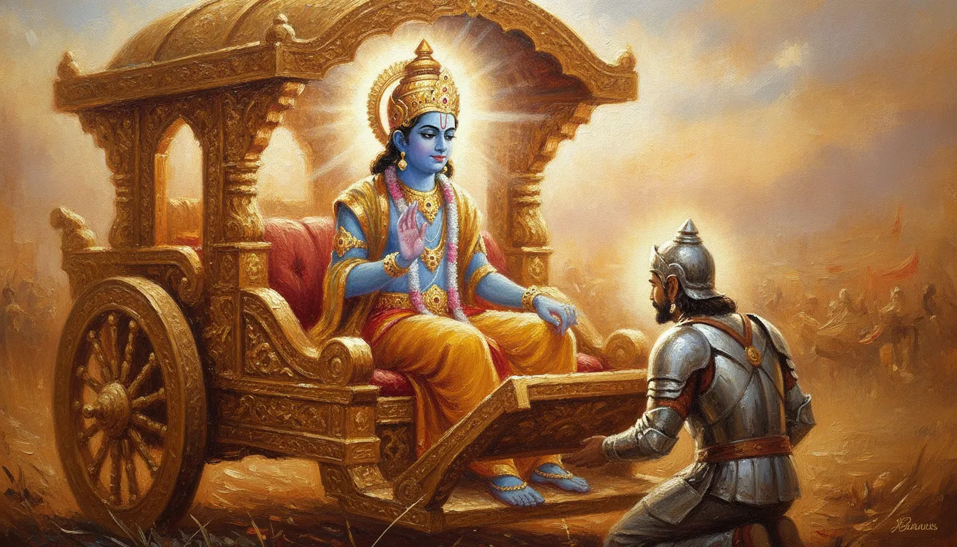 Vibrant digital art of a glowing blue-skinned deity talking to a bowing warrior on a bright golden chariot.