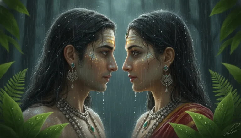 A close-up portrait of a divine couple facing each other in the rain with green leaves in the foreground.
