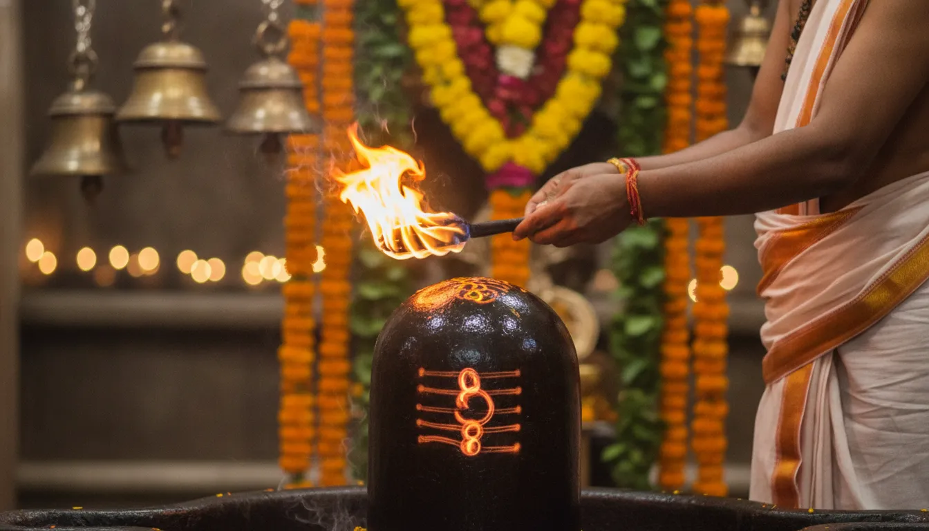 A priest performing morning aarti with a camphor flame in front of the holy shivling.