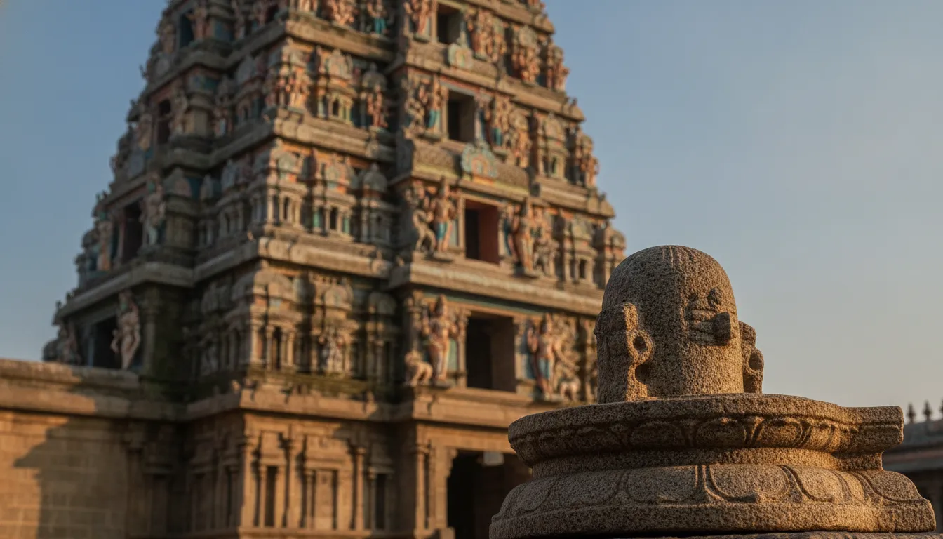 A beautiful shivling shrine set against the backdrop of towering Dravidian temple towers (Gopuram).