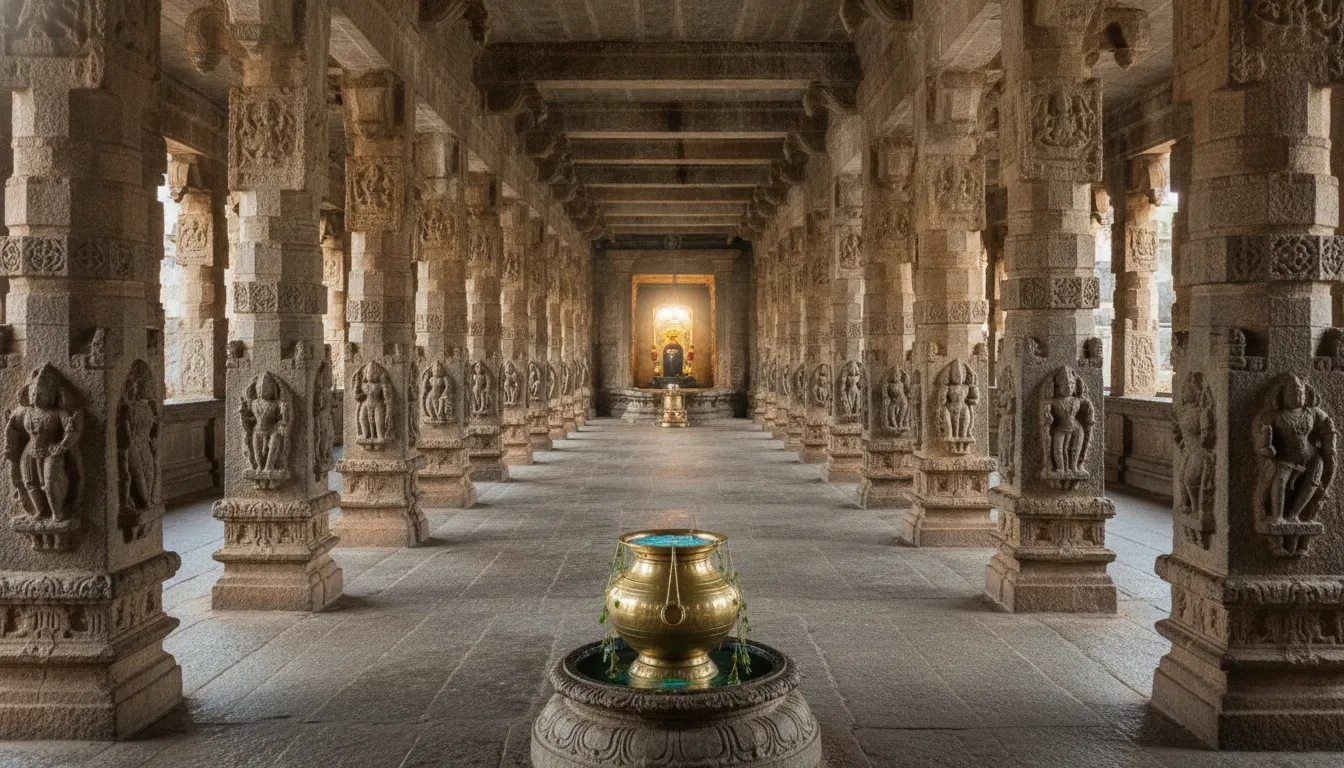 Traditional architecture of Rameshwaram temple corridor with a focused view of a symbolic shivling.