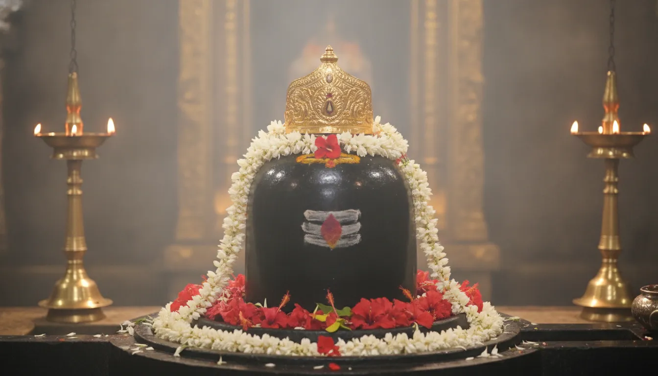 A priest performing morning aarti with a camphor flame in front of the holy shivling.