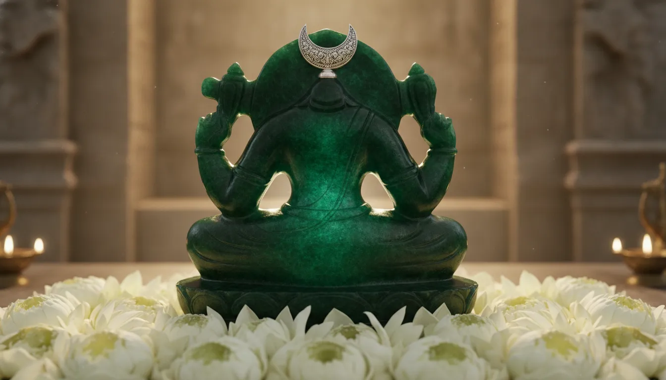 A rare and beautiful unique shivling image made of deep emerald green jade stone inside a royal sanctuary.