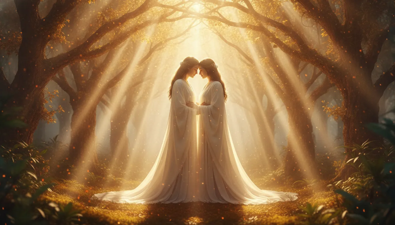 Dramatic sunbeams piercing through thick golden branches onto a blue-skinned deity holding a woman.