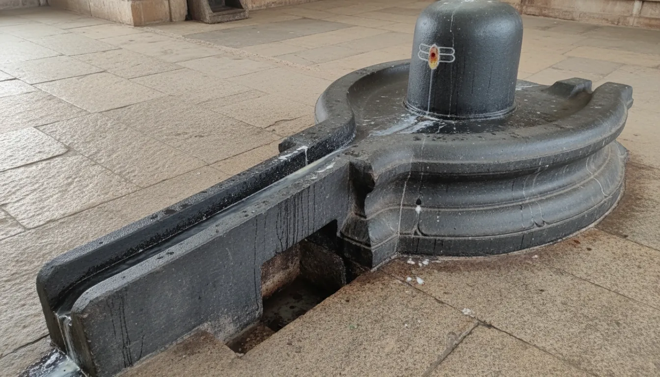 The back side and northern discharge outlet channel of a sacred temple shivling base, showing classical holy water flow design.
