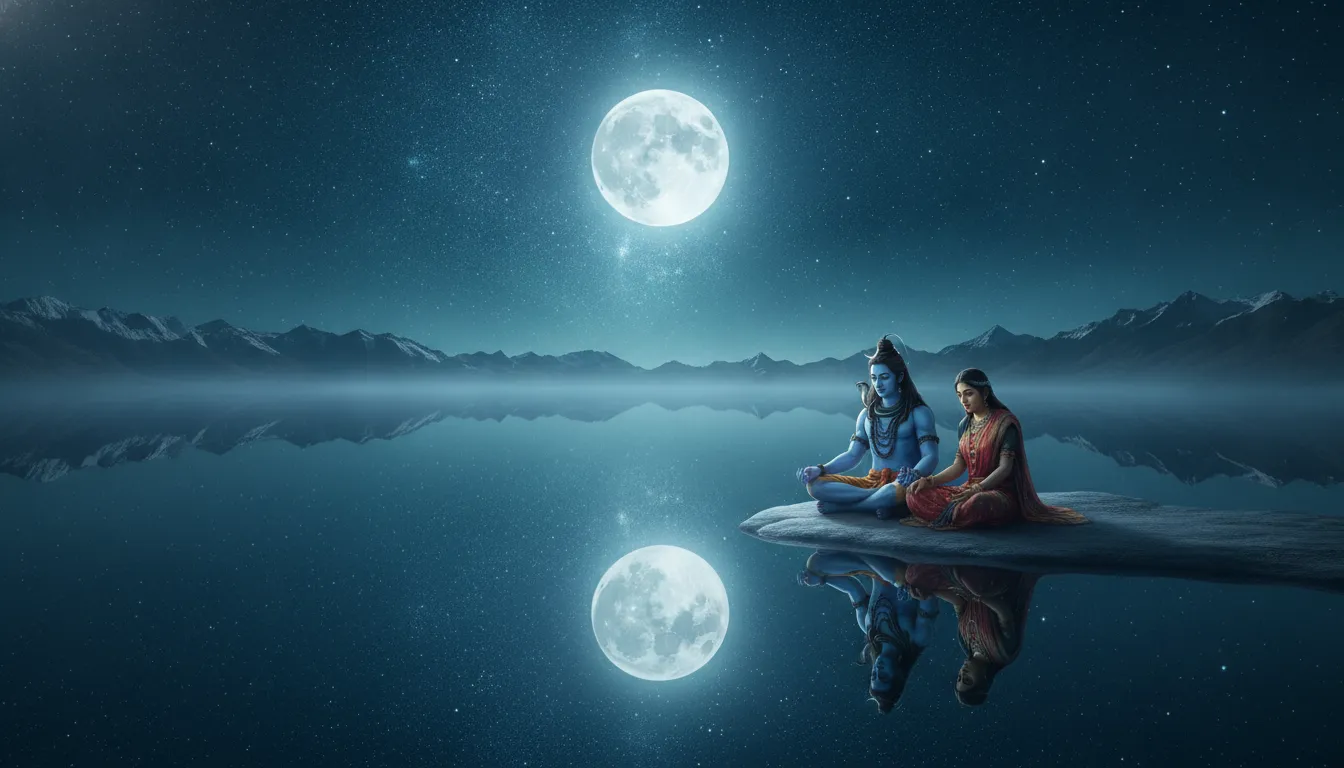 Shiva and Parvati looking at their own reflections in a still lake under a starry moonlit sky