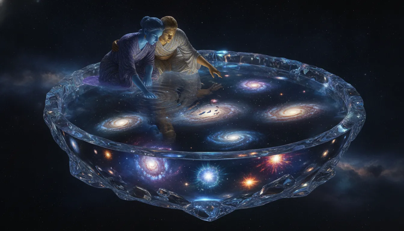 Divine couple looking down at a reflective cosmic mirror pool showing stars and galaxies underneath them
