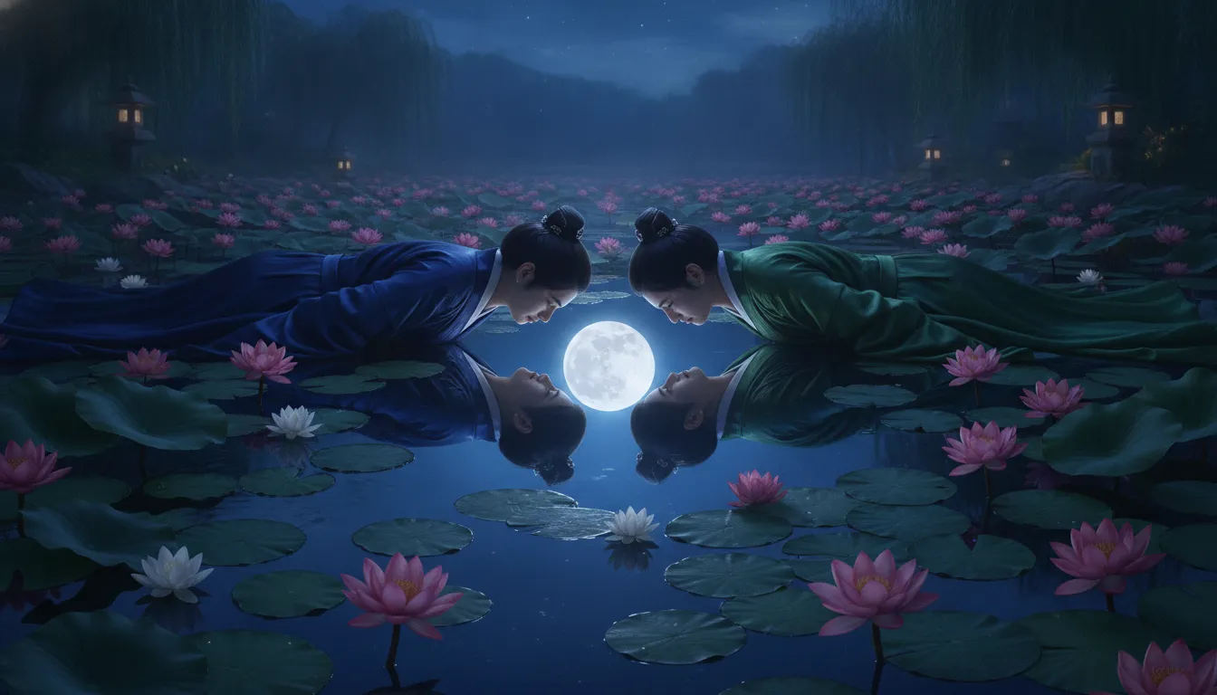 Divine couple looking at their reflection in a lotus pond at night.