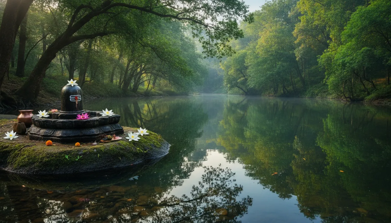 A Shivling shrine situated near a tranquil water body (river, pond, or lake), surrounded by green trees.