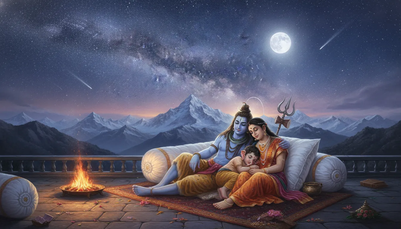 A peaceful portrait of the Shiva family relaxing together under a brilliant, star-filled night sky.