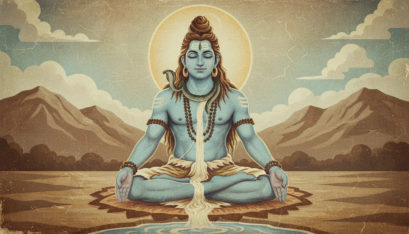 A retro style oil painting of Lord Shiva sitting in Dhyana Mudra posture.
