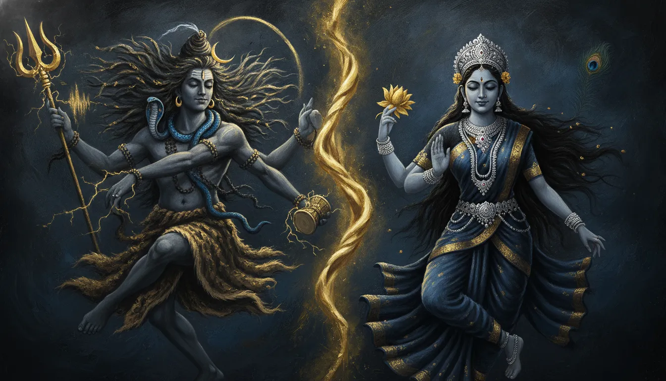 Intense artistic image of Shiva and Parvati depicting the balance of cosmic dance in dark themes