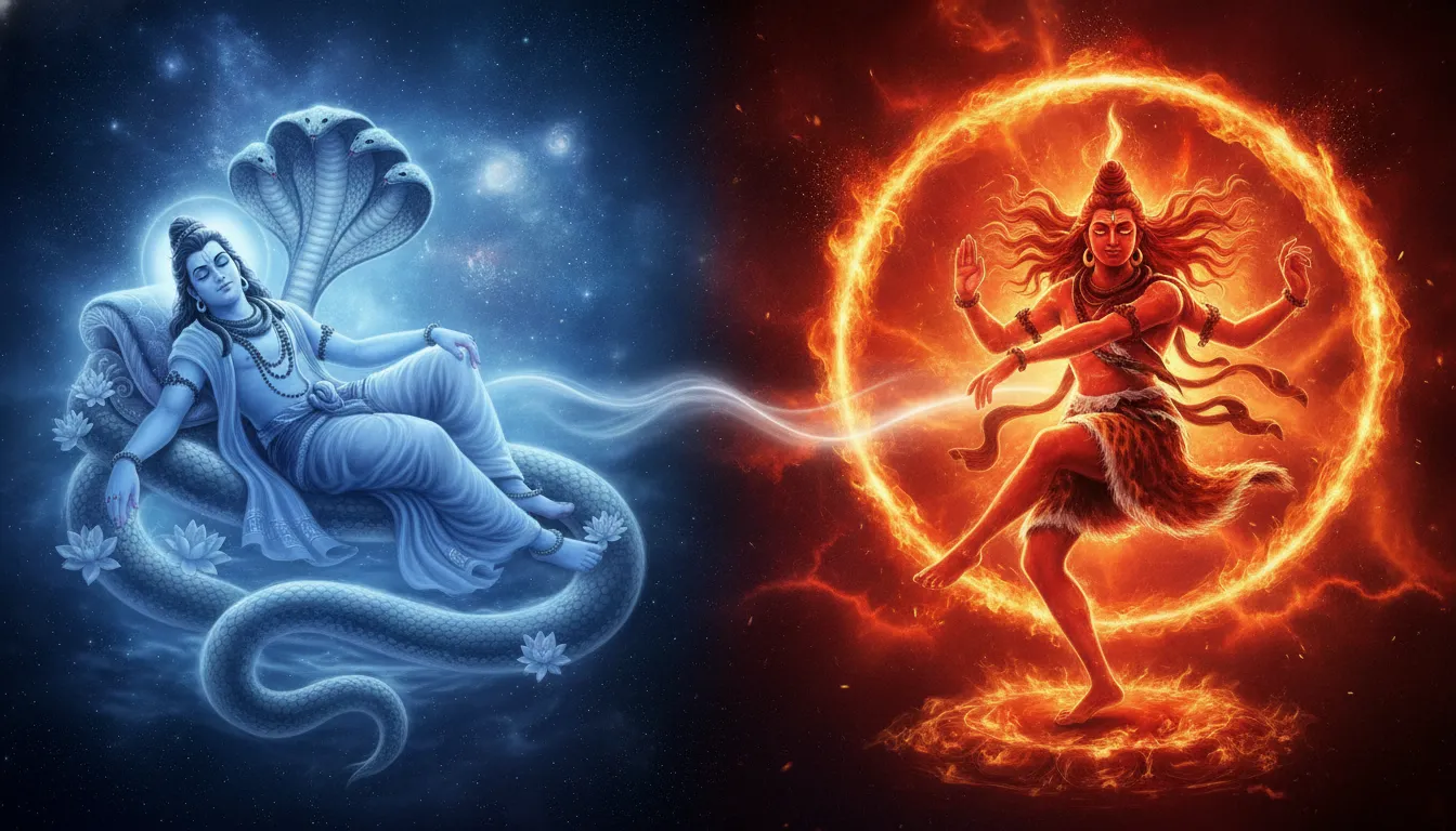 An abstract spiritual art depicting the calm posture of Vishnu mixed with the energetic cosmic dance posture of Shiva.