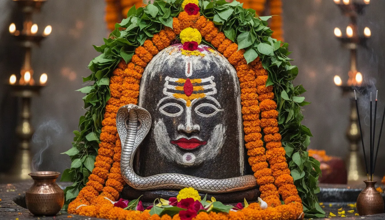 Detailed full hd shivling images decorated with traditional bhasma and flowers.