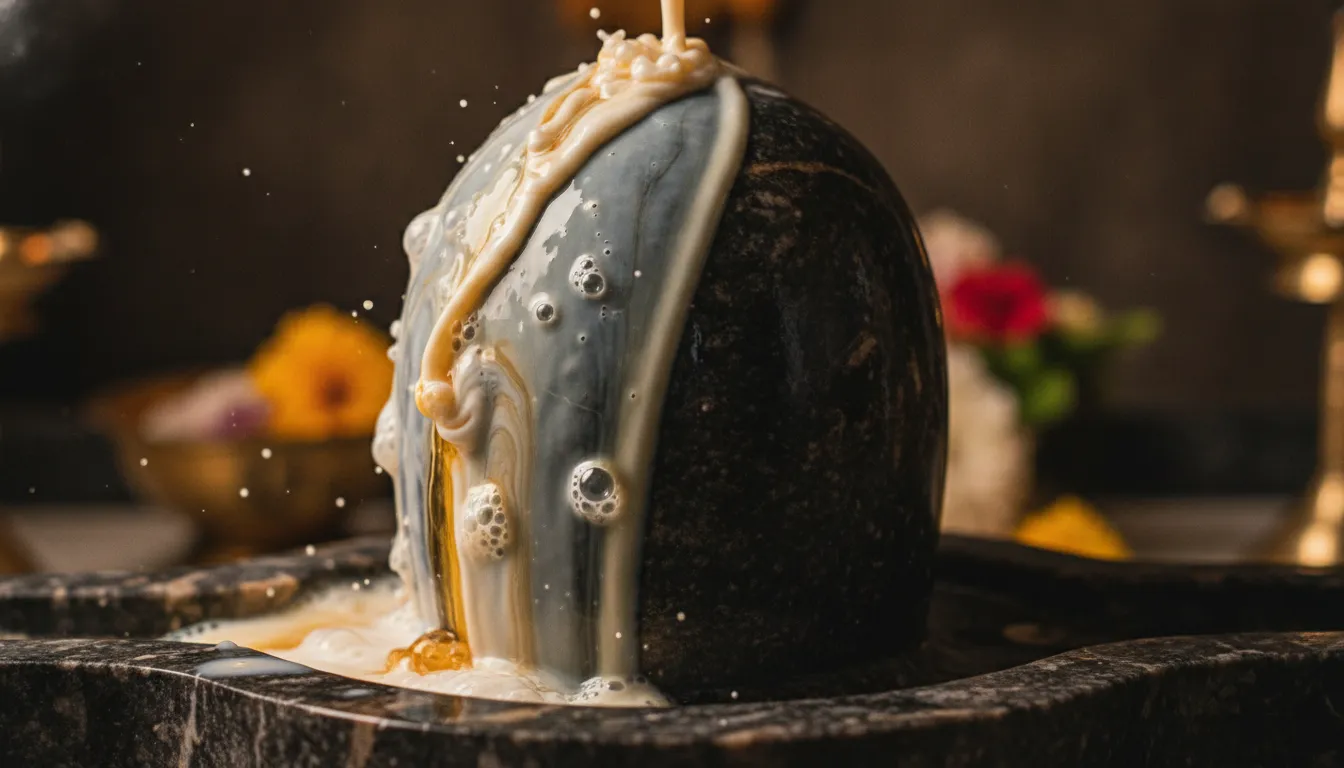 A macro action shot of thick white milk and golden honey being poured over a black marble Shivling.